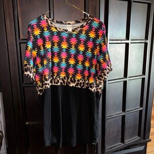 Colorful Aztec Print Top with Leopard Trim high stretch